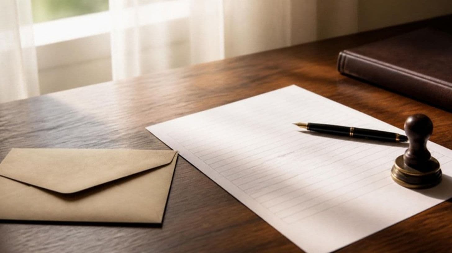 A blank form, a fountain pen and a round stamp on a wooden desk next to an envelope