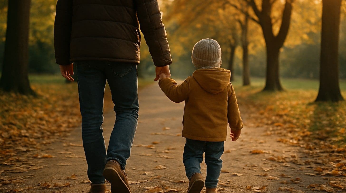 A parent and child holding hands while walking in a park in autumn, seen from behind