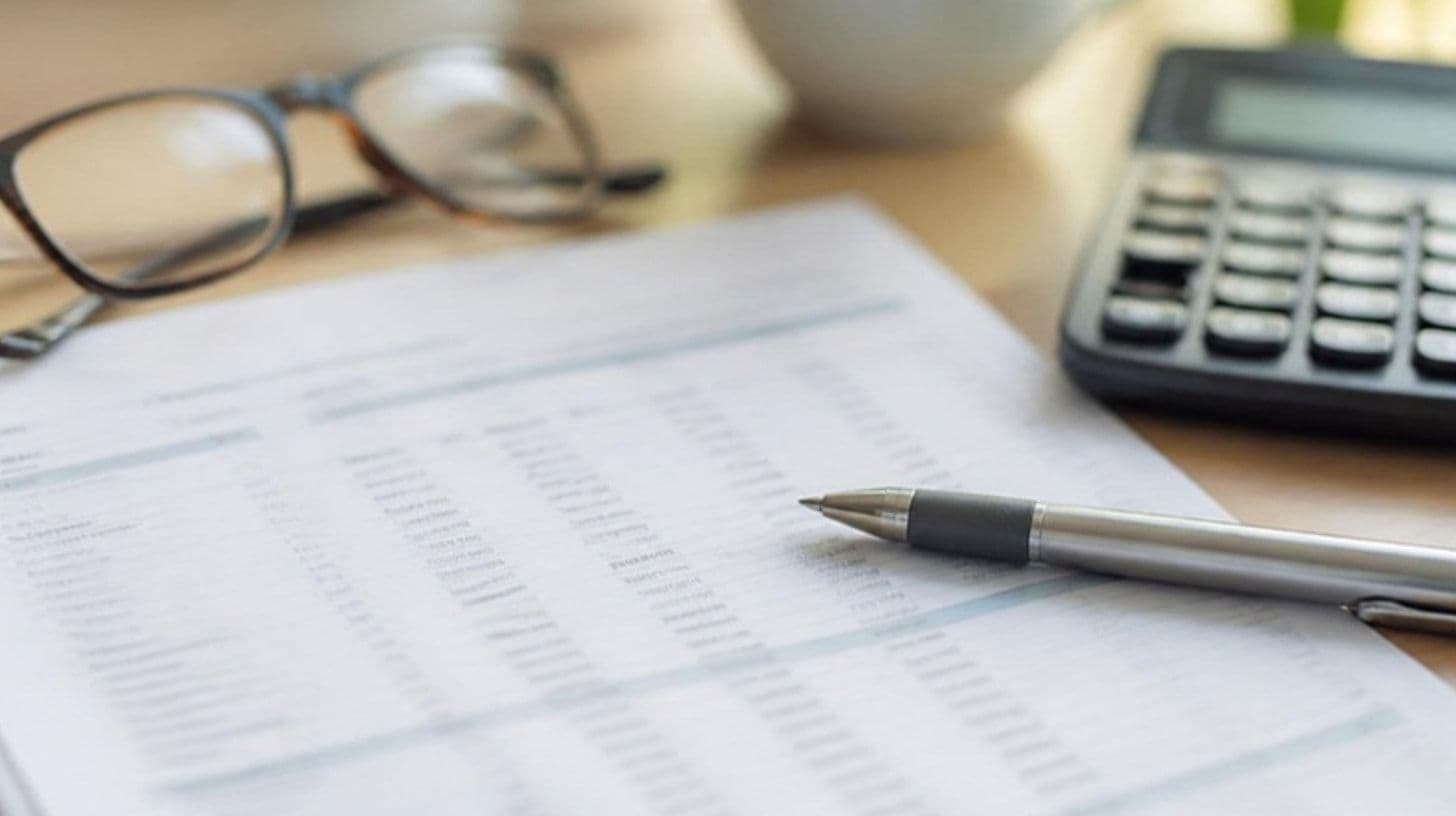 A printed bank statement, a calculator and glasses on a desk