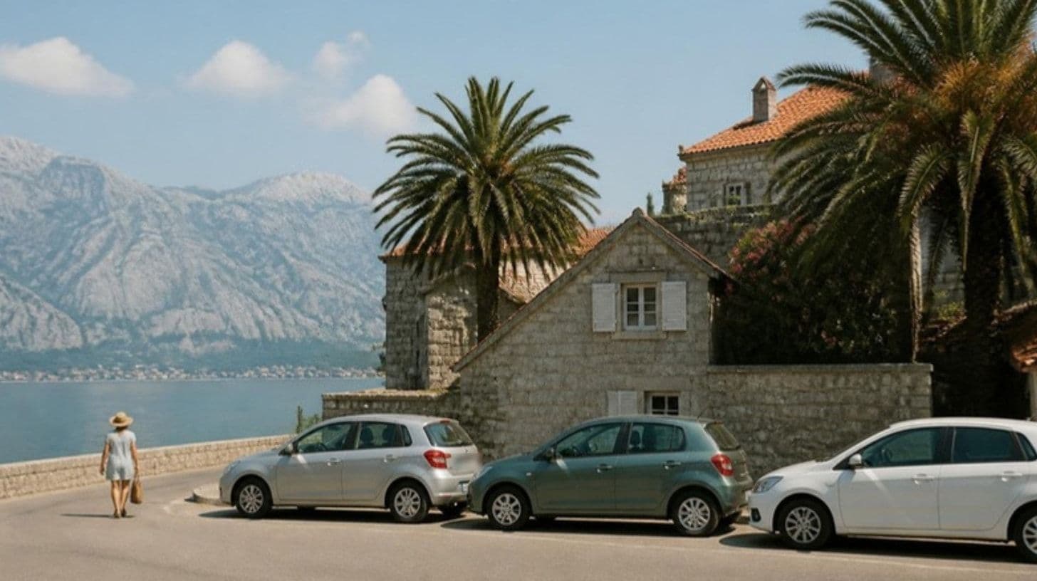 Auto parcheggiate lungo una strada sul mare con palme e una montagna sullo sfondo