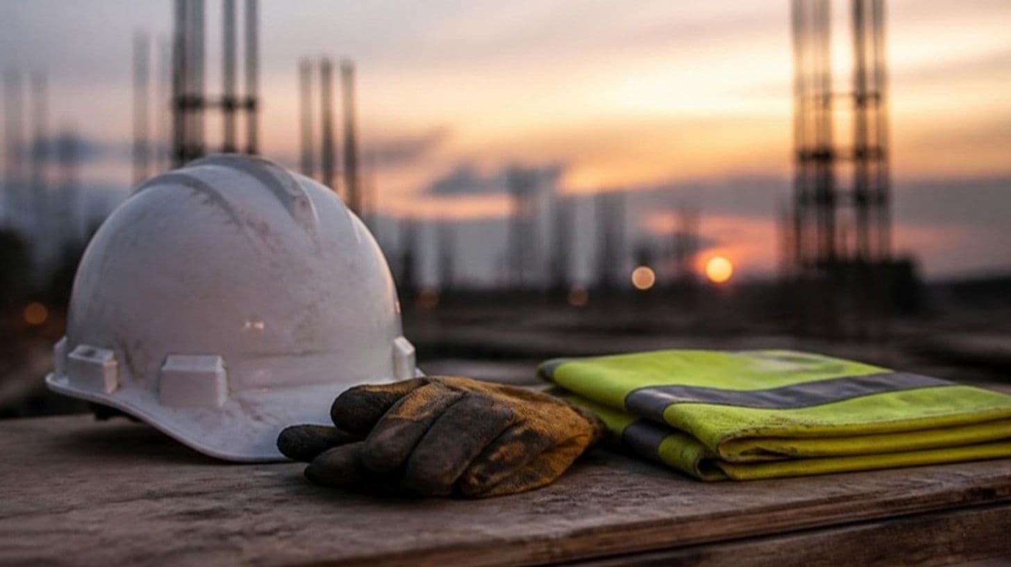 Ein Schutzhelm und Handschuhe auf einer Werkbank auf einer Baustelle