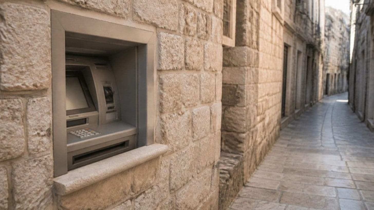 Un bancomat in un muro di pietra in una città vecchia sulla costa