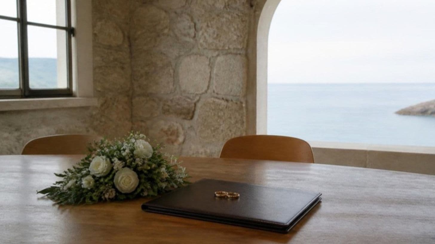 Wedding rings on a leather folder in a town hall room with a sea view