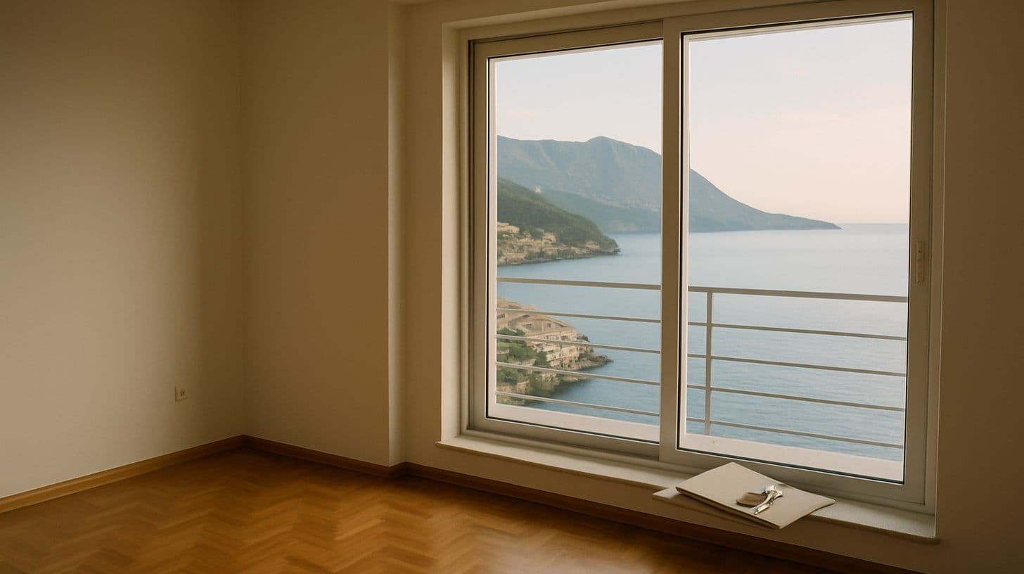 Un appartamento vuoto con parquet e una grande finestra sull'Adriatico, chiavi e una cartella di documenti sul davanzale