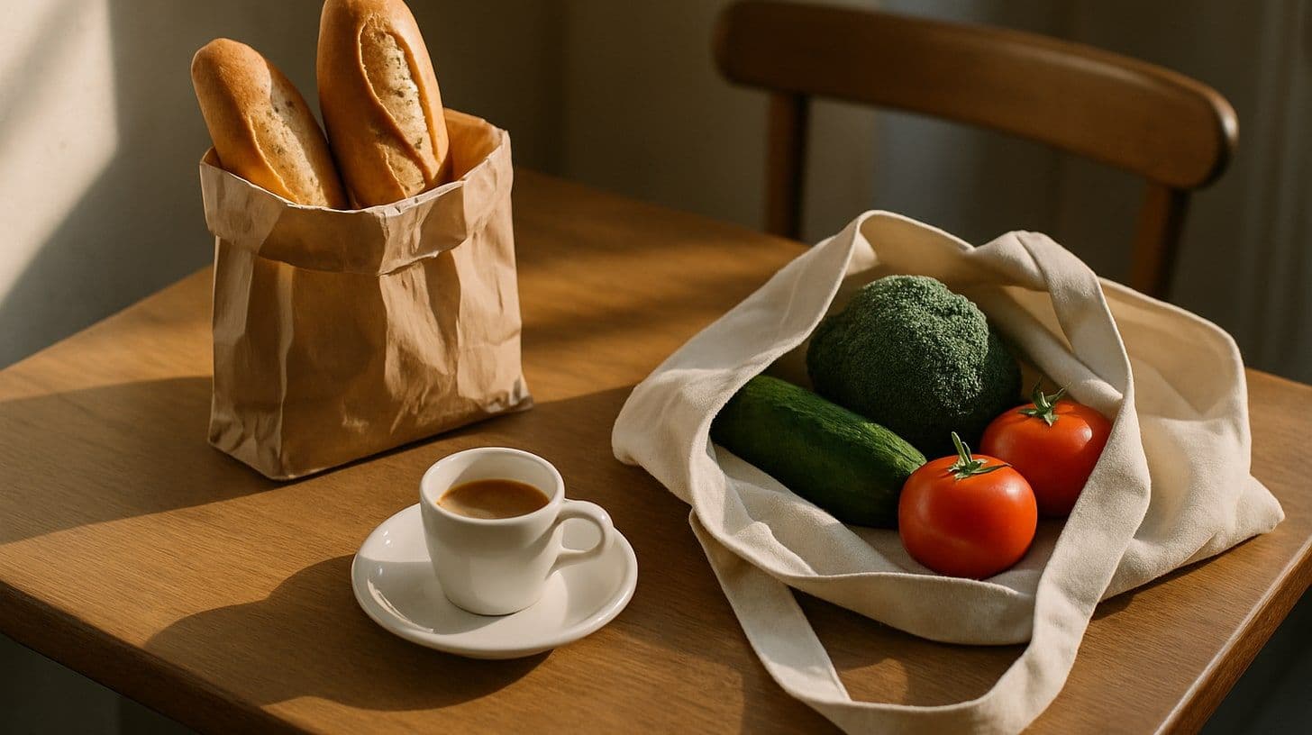 Sacchetto di pane, tazzina di espresso e borsa di tela con verdure su un tavolo di legno di un bar