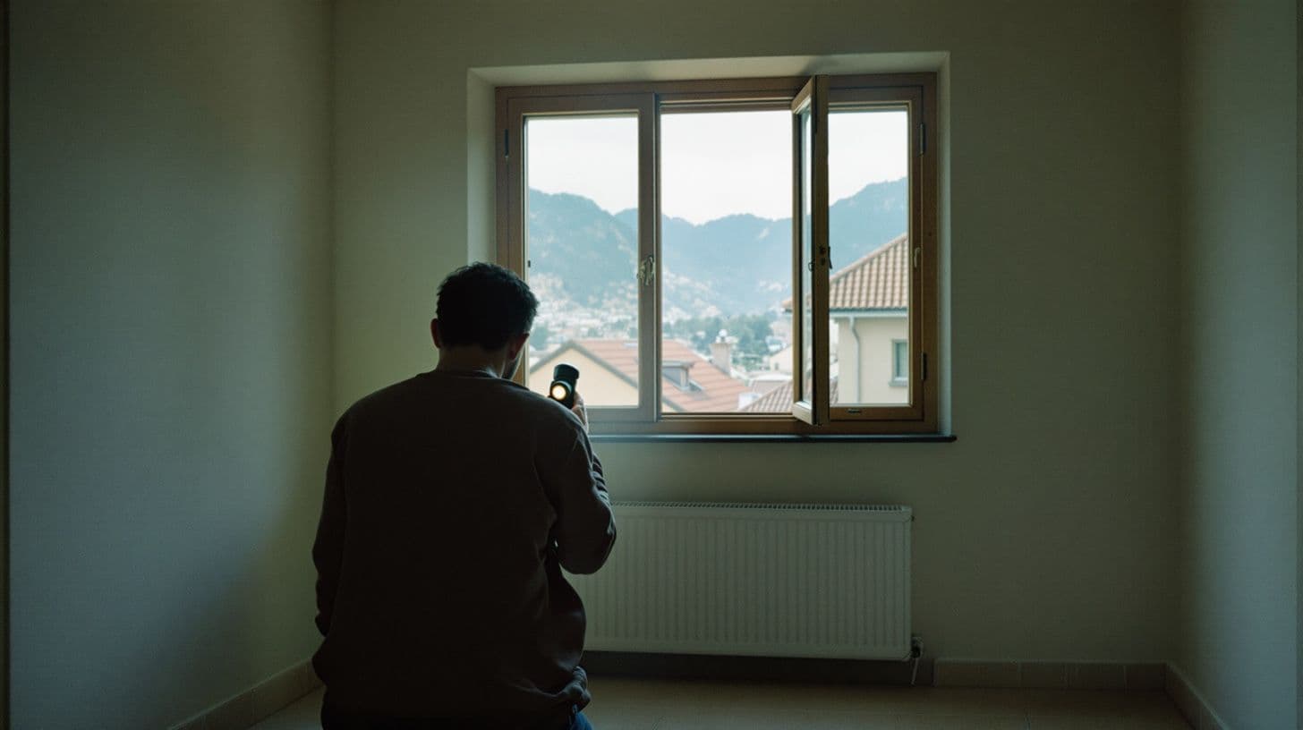 A buyer inspecting the wall and window of an empty flat with a torch
