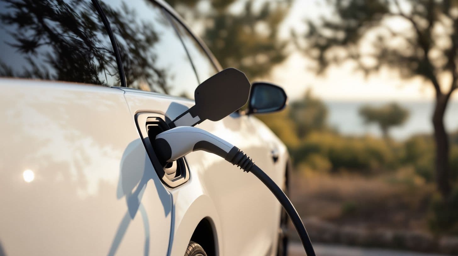 Ein Ladekabel steckt in einem weißen Elektroauto am Meer