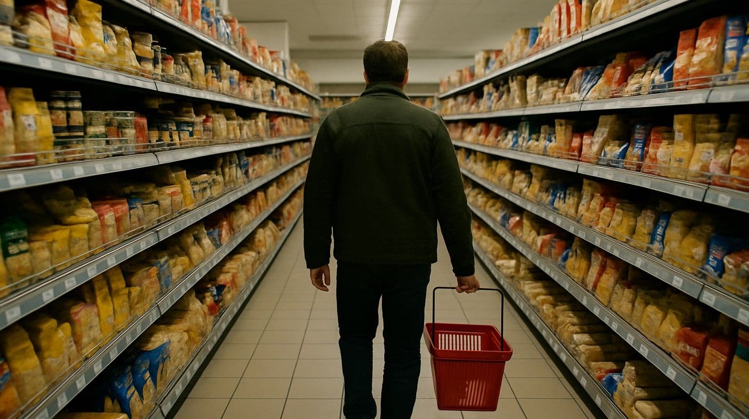 Una corsia di supermercato in Montenegro con scaffali di prodotti di uso quotidiano, una cliente con il cestino vista di spalle