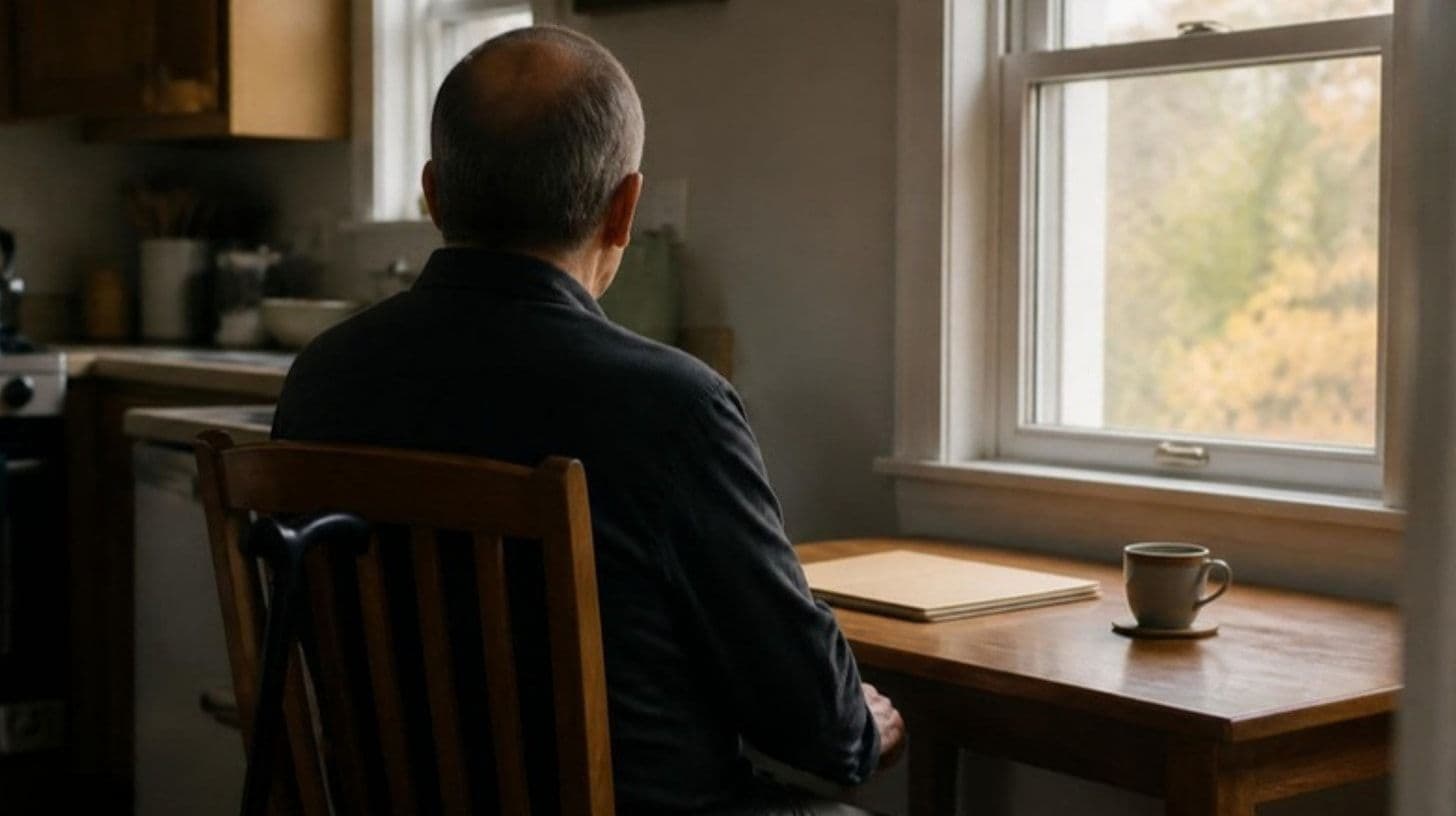 A man with a walking cane at a kitchen table with a folder of medical papers