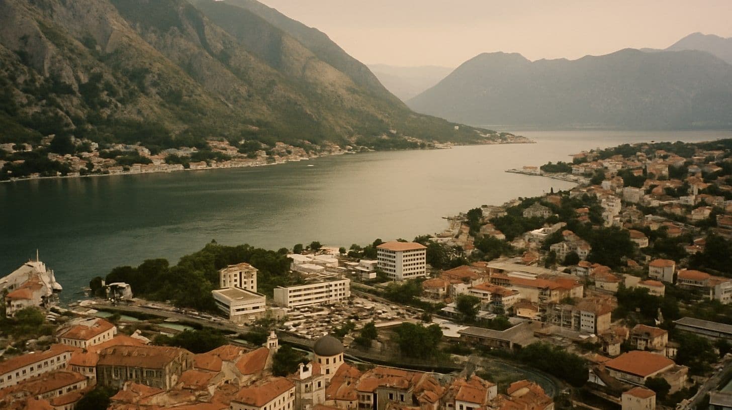 Cittadina costiera montenegrina con tetti in cotto su una baia tra montagne ripide