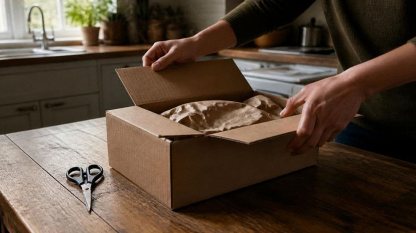 A cardboard parcel on a kitchen table next to scissors and an open box