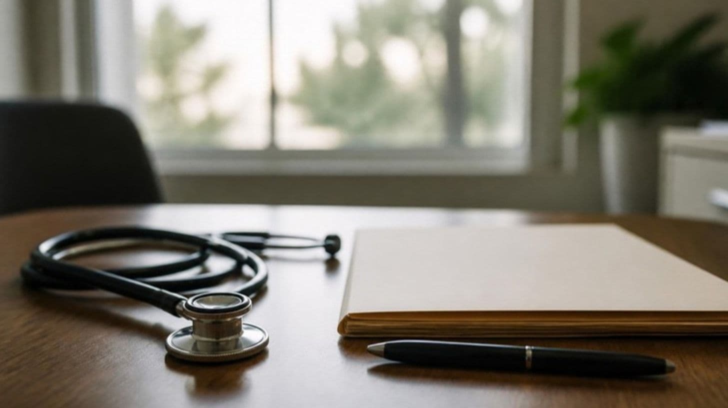 A stethoscope and a closed medical file on a doctor's desk