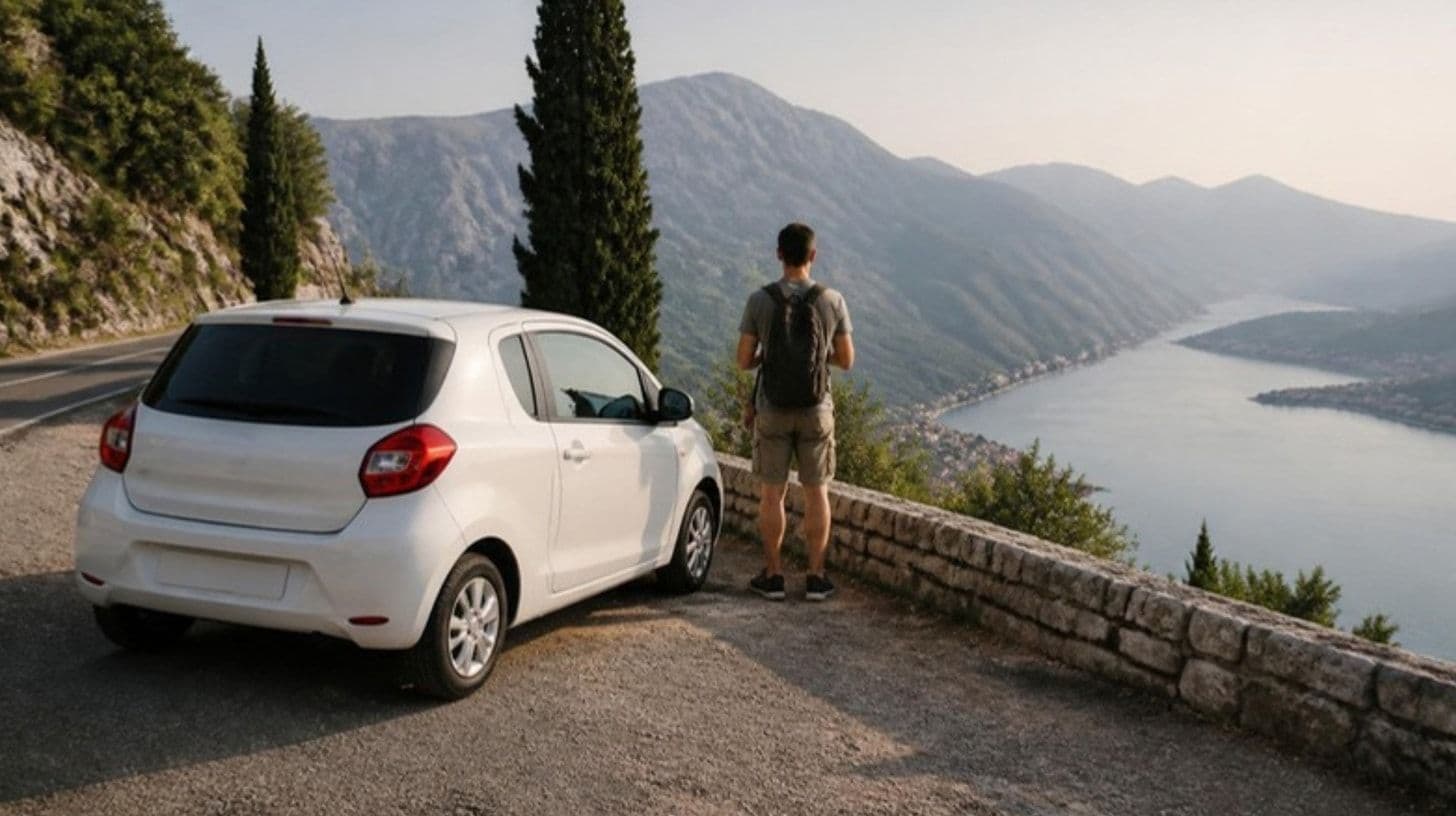 Un'auto a noleggio su una strada costiera sopra una baia