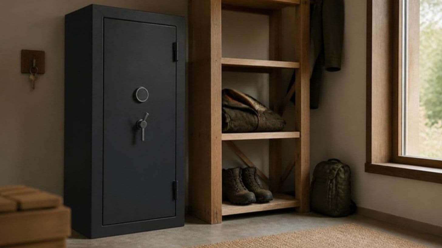 A locked metal gun safe in the storage room of a family house