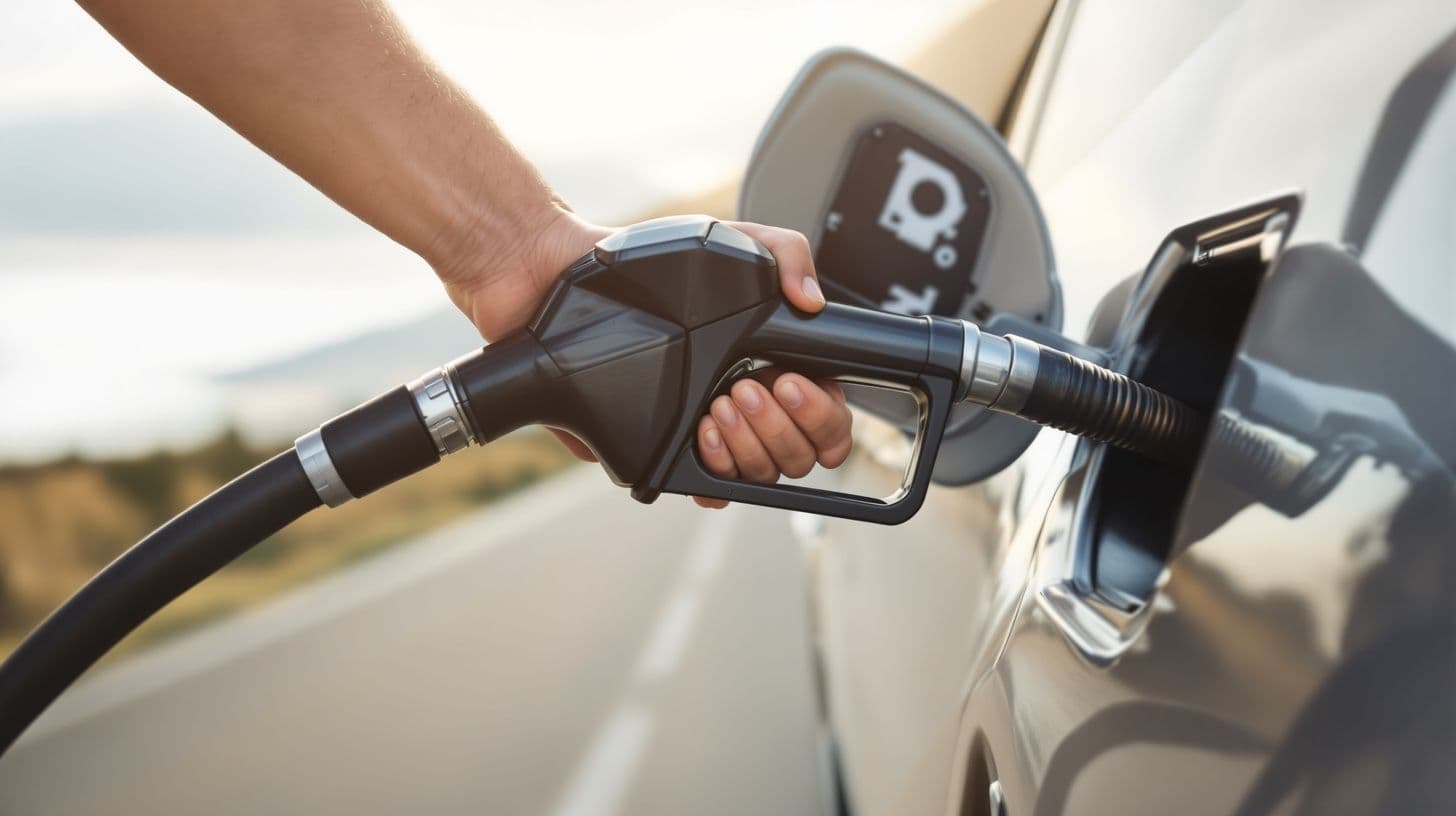 Ein Auto wird an einer Tankstelle an einer Küstenstraße betankt