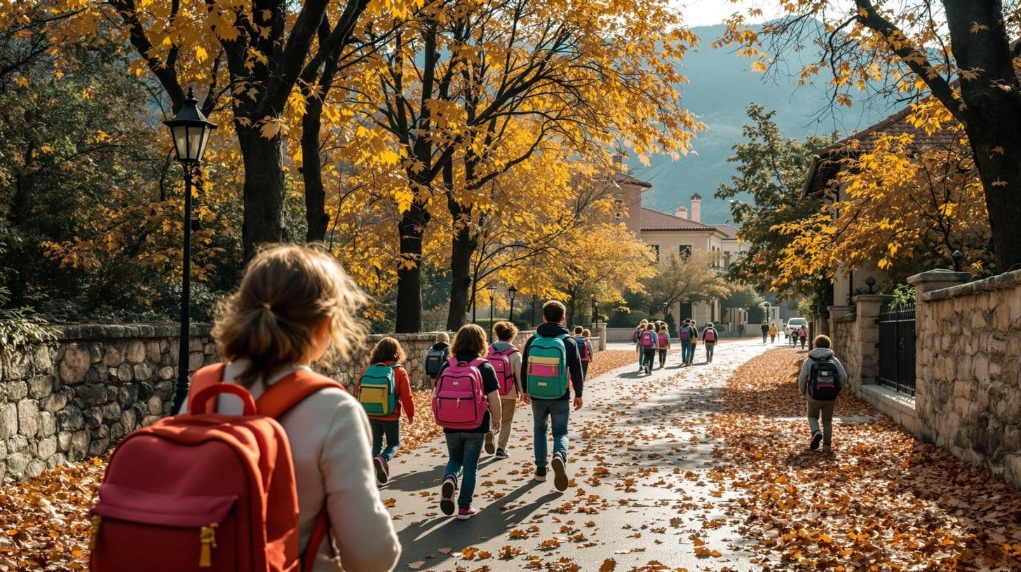 Kinder mit Schultaschen gehen in einer montenegrinischen Kleinstadt zur Schule