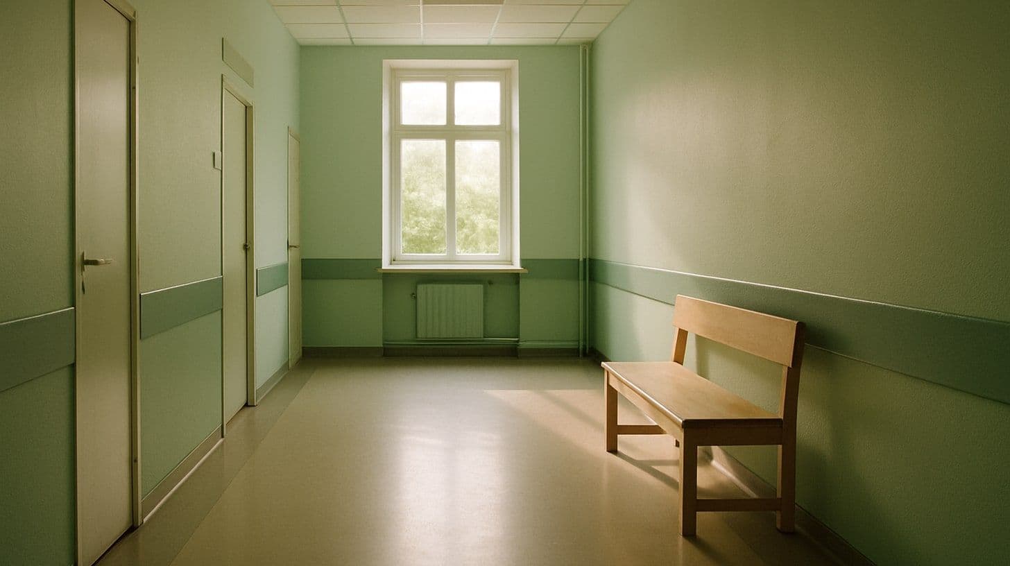 An empty, quiet hospital corridor with a bench and daylight through a window
