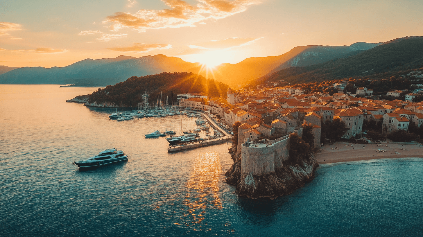Budva, Karadağ sahil manzarası — altın saatte hava görüntüsü