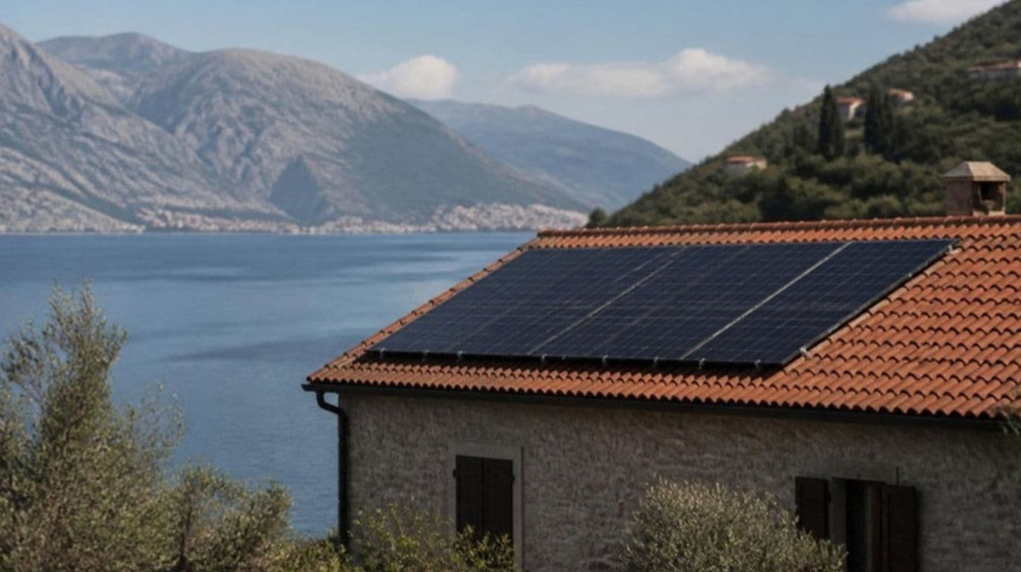 Pannelli solari sul tetto di tegole di una casa in pietra sopra il mare