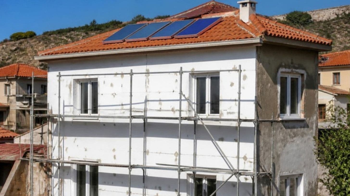 A family house under renovation with facade insulation and solar collectors