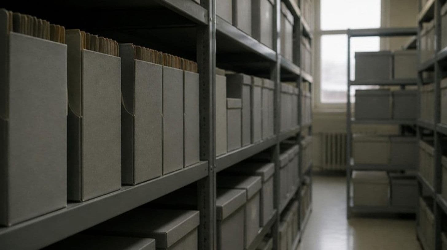 Archivkartons und Ordner in Regalen