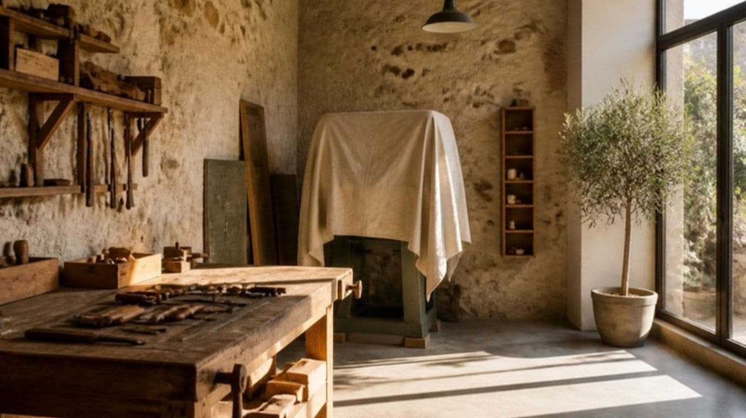 An empty artisan workshop with stone walls, a workbench and tools beside a sunny window
