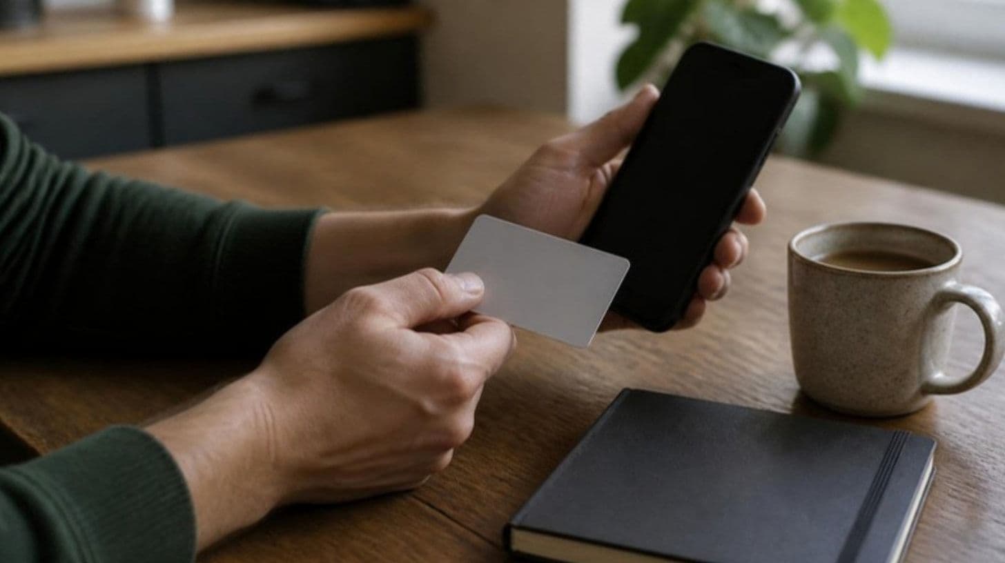 Hands holding a phone and a payment card above a table