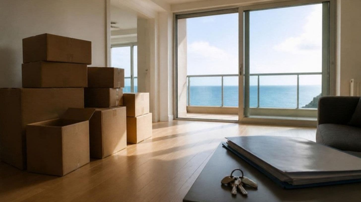 Umzugskartons in einer neuen Wohnung mit Schlüsseln auf dem Tisch