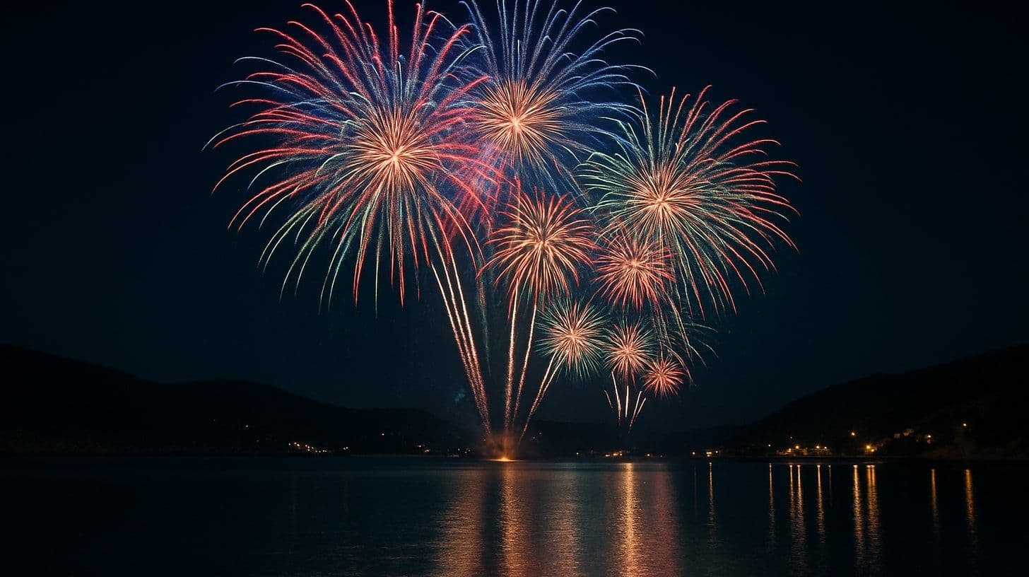 Colourful fireworks in the night sky above the coast