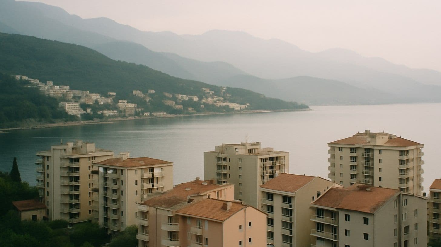 Split view of the Montenegrin coast with apartment blocks above a bay and, in the distance, inland hills