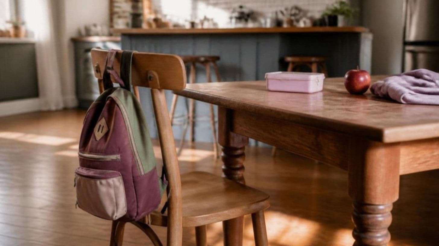 Uno zainetto scolastico appeso a una sedia di legno in una cucina luminosa, una scatola per la merenda e una mela sul tavolo