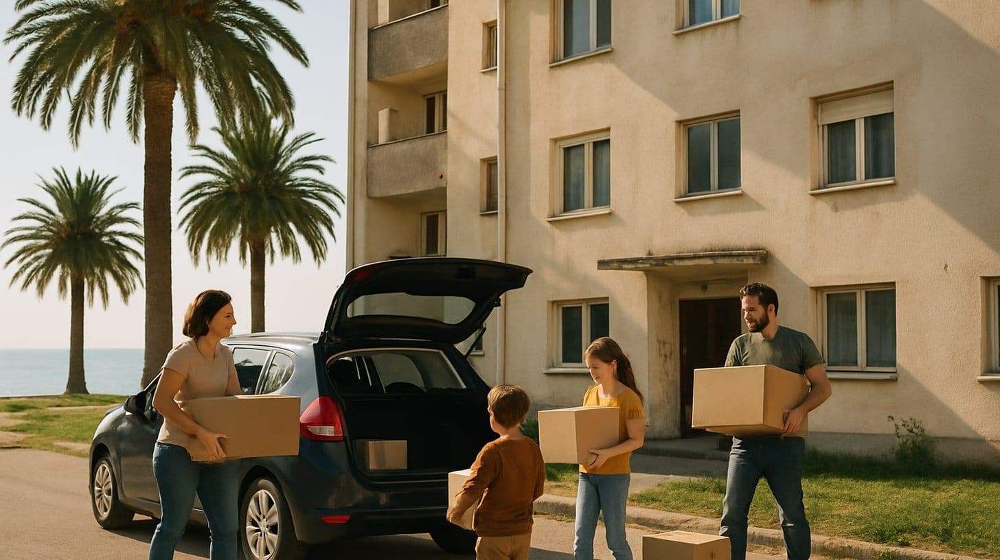 A family unloading moving boxes from a car outside an apartment building in Bar