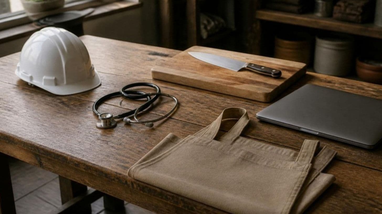 A wooden table with a hard hat, a stethoscope, a kitchen knife on a board, a closed laptop and an apron