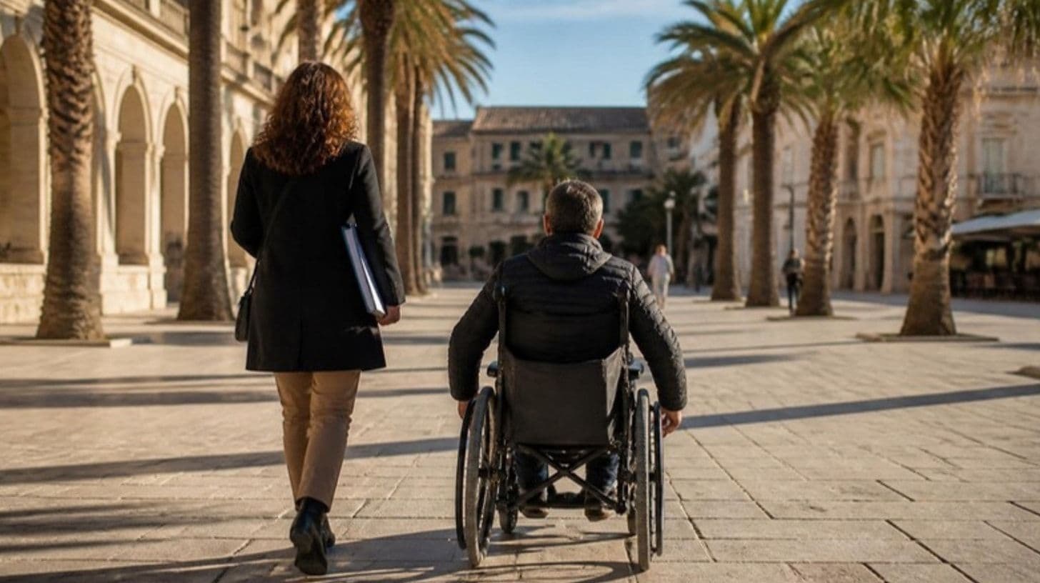 A person in a wheelchair and a family member in a coastal town square