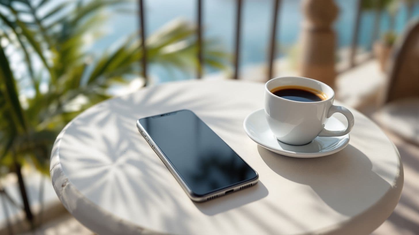 Ein Smartphone auf einem Cafétisch neben einer Tasse Kaffee