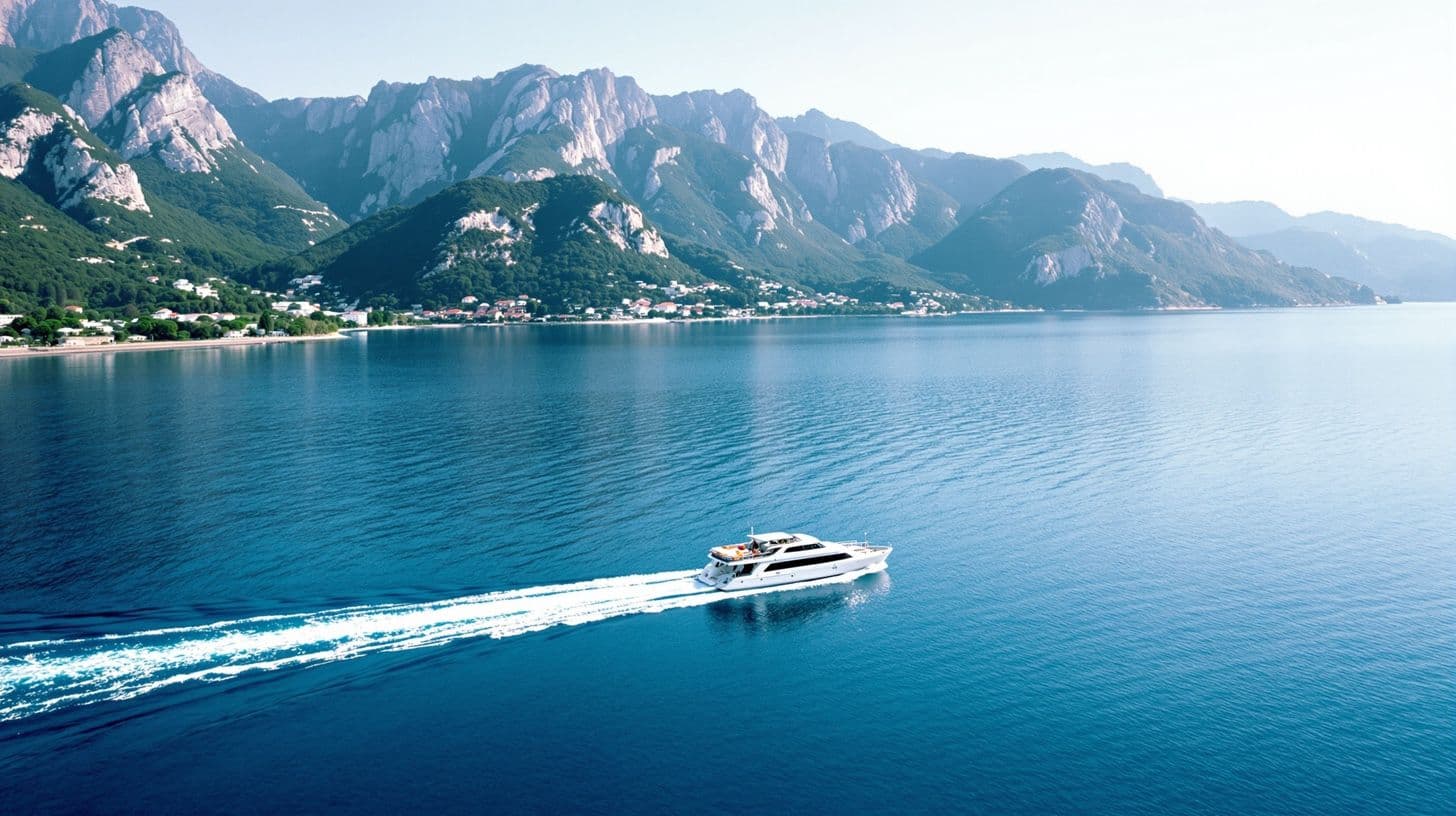 A small passenger boat crossing a calm bay below mountains