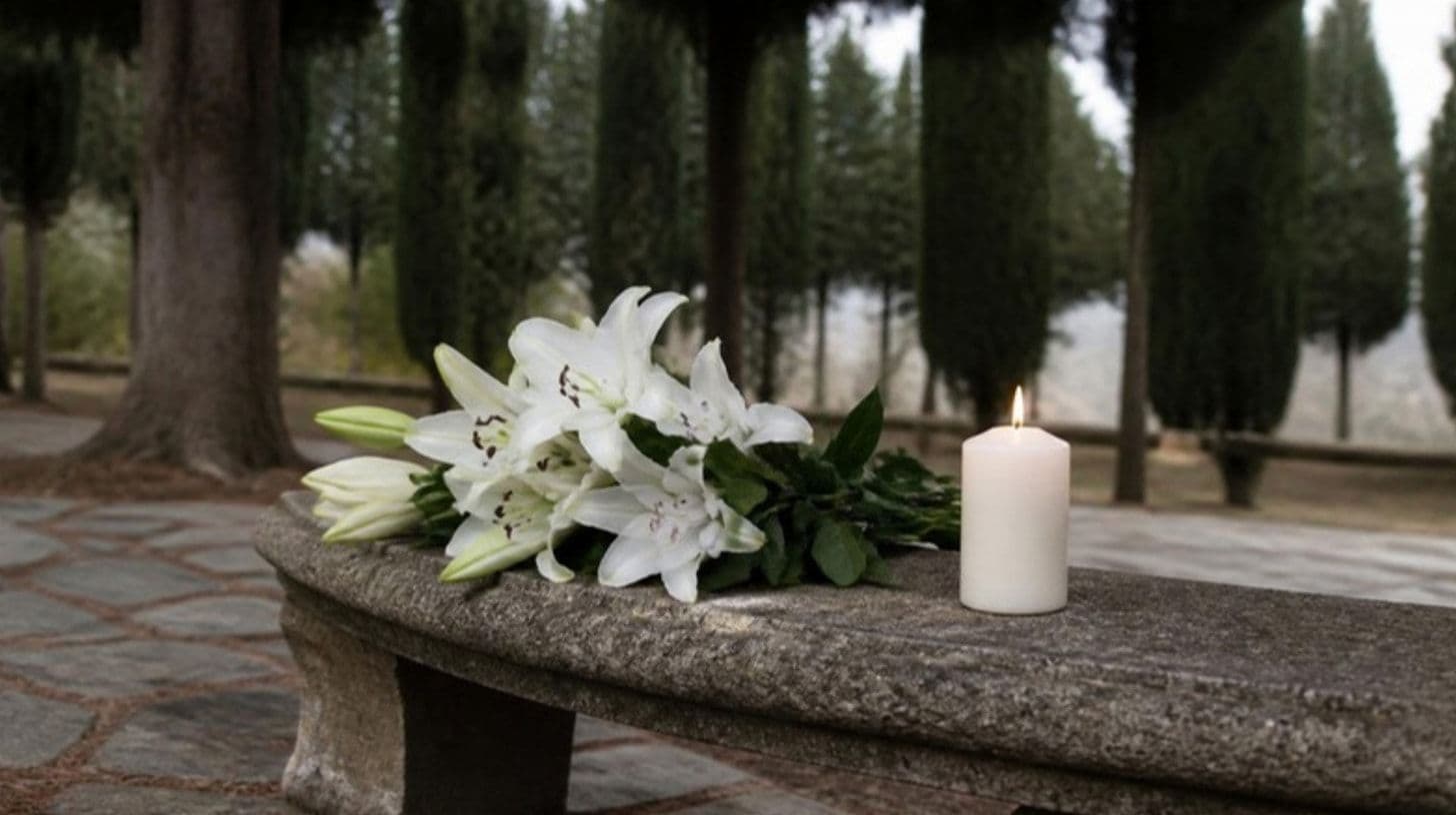 Weiße Lilien und eine brennende Kerze auf einer Steinbank in einem stillen Park mit Zypressen