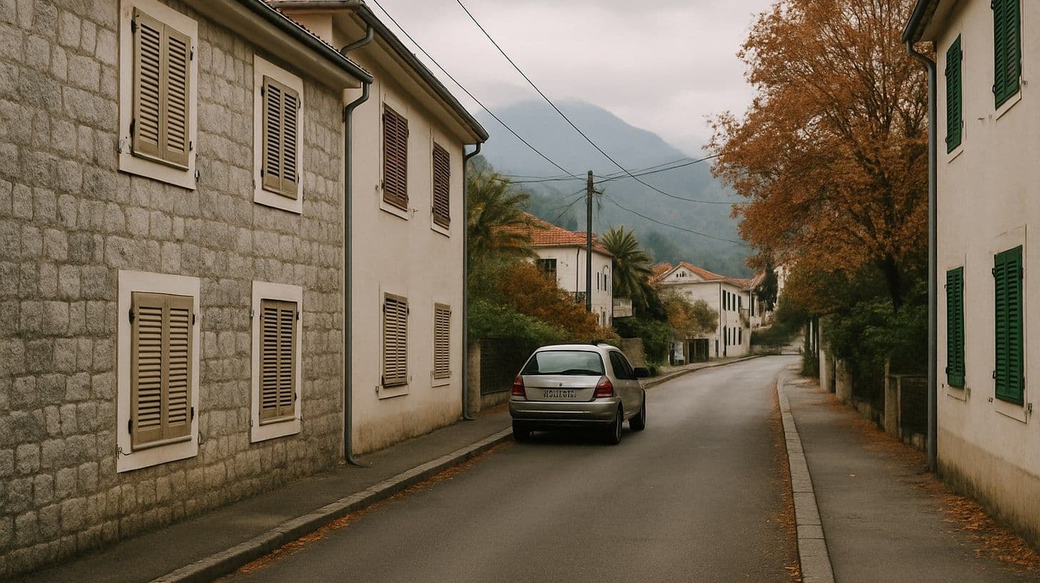 Eine ruhige Straße in einer montenegrinischen Küstenstadt im Herbst, geschlossene Fensterläden und ein leerer Gehweg