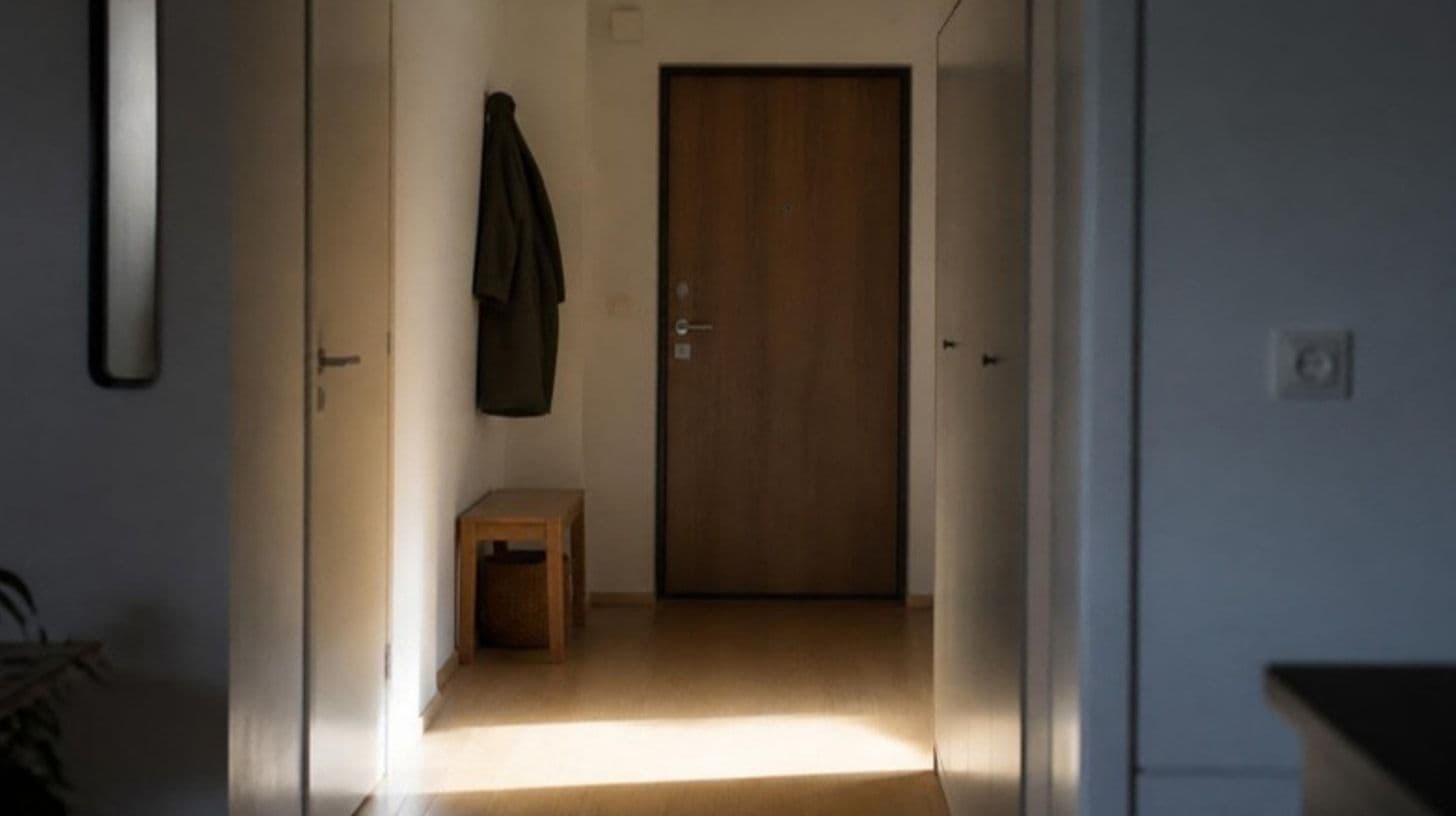 A quiet apartment hallway with a closed front door