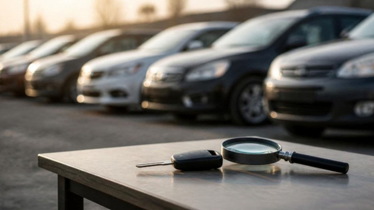 A car key and a magnifying glass on a table next to a parked used car