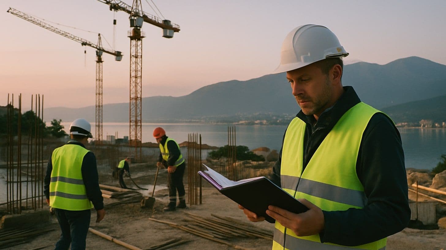 A construction site near Tivat at dawn, workers in hi-vis vests and a site manager holding a folder