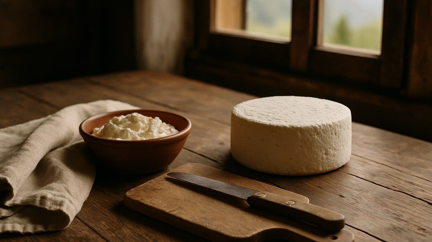 Köy evinde ahşap masa üzerinde toprak kapta ev peyniri ve kaymak
