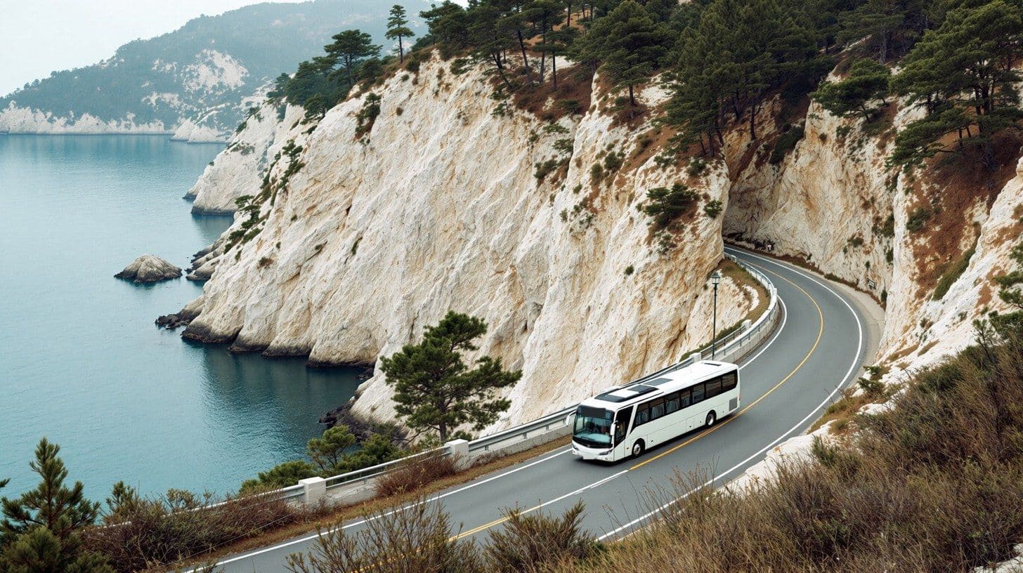 An intercity coach on the coastal road above the Bay of Kotor