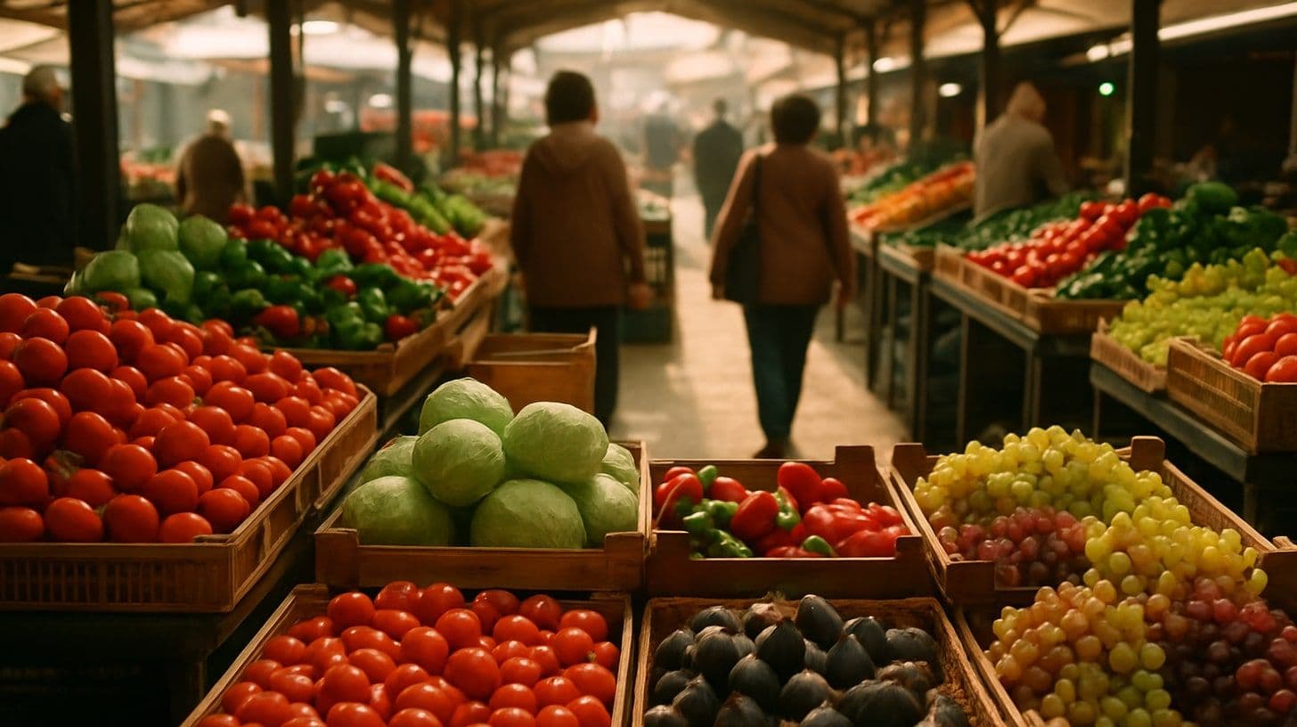 Banchi con verdura e frutta fresca in un mercato coperto cittadino alla luce del mattino