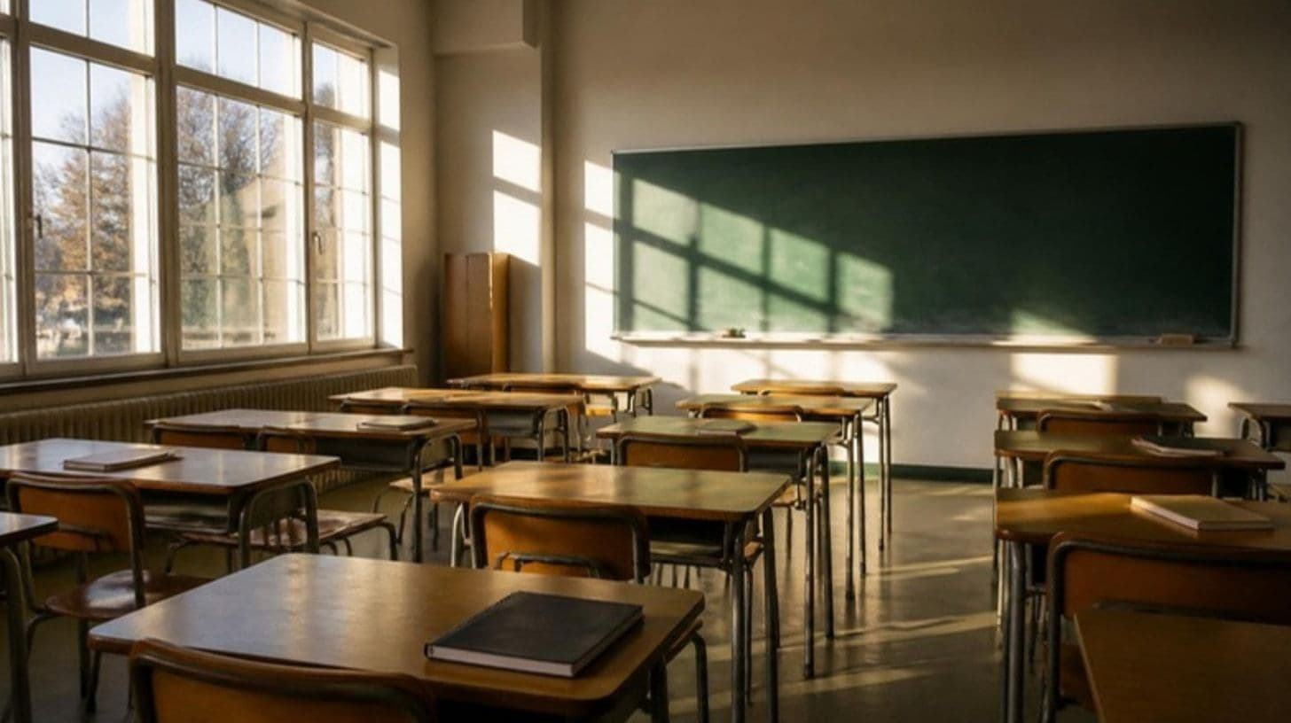 An empty secondary school classroom with desks and a green chalkboard