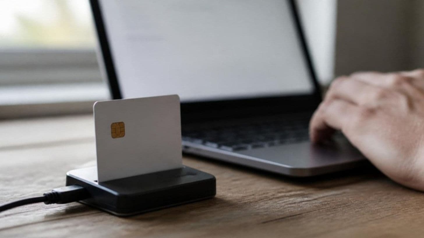 An ID card in a smart card reader next to a laptop