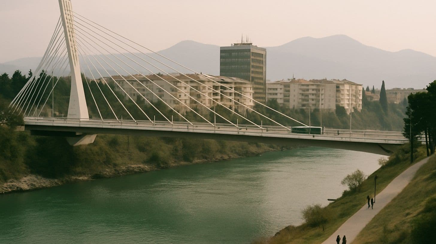 Brücke über die Morača in Podgorica mit Stadtgebäuden dahinter an einem ruhigen Nachmittag