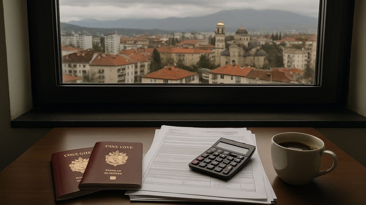A desk by a window over Podgorica with two passports, a calculator and tax forms