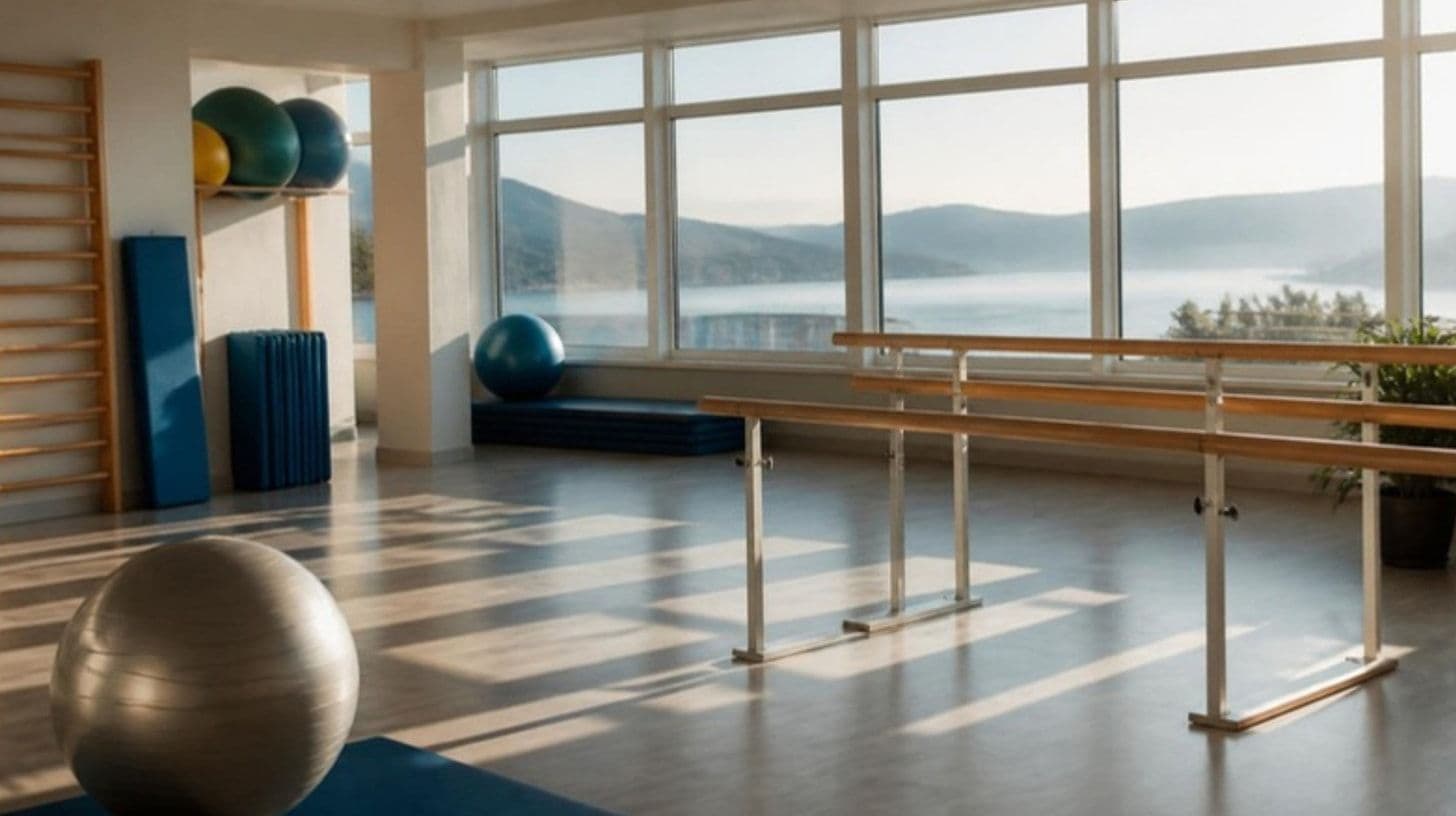Una sala di fisioterapia vuota con vista sul mare