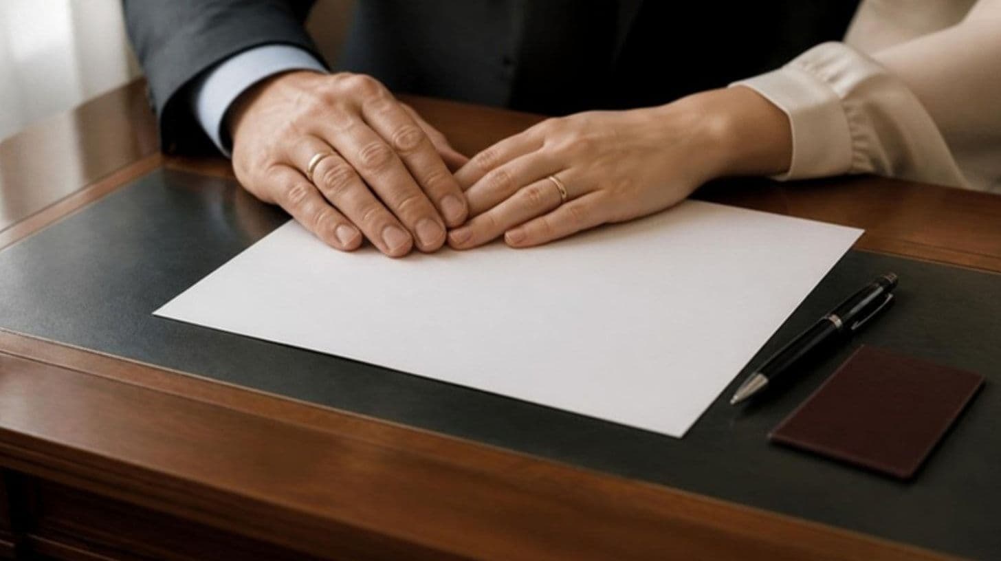 Hands with wedding rings on a form at a registry office